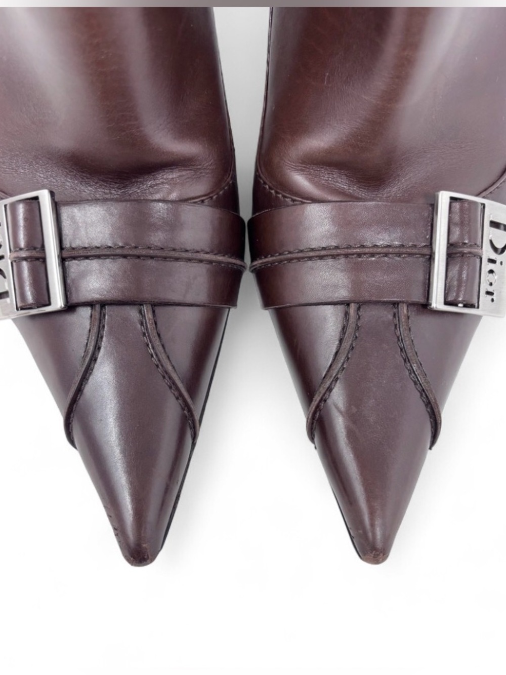 Vintage Dior Galliano Brown Knee High Leather Boot Pointed Toe Slim Buckle 39.5 - Picture 6 of 14